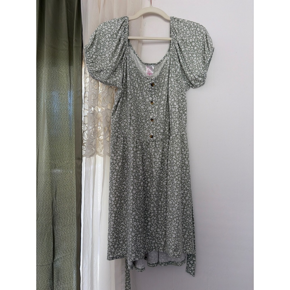 No Boundaries Floral Mini Dress Womens XXL‎ Sage Green Excellent Puff Sleeve Tie